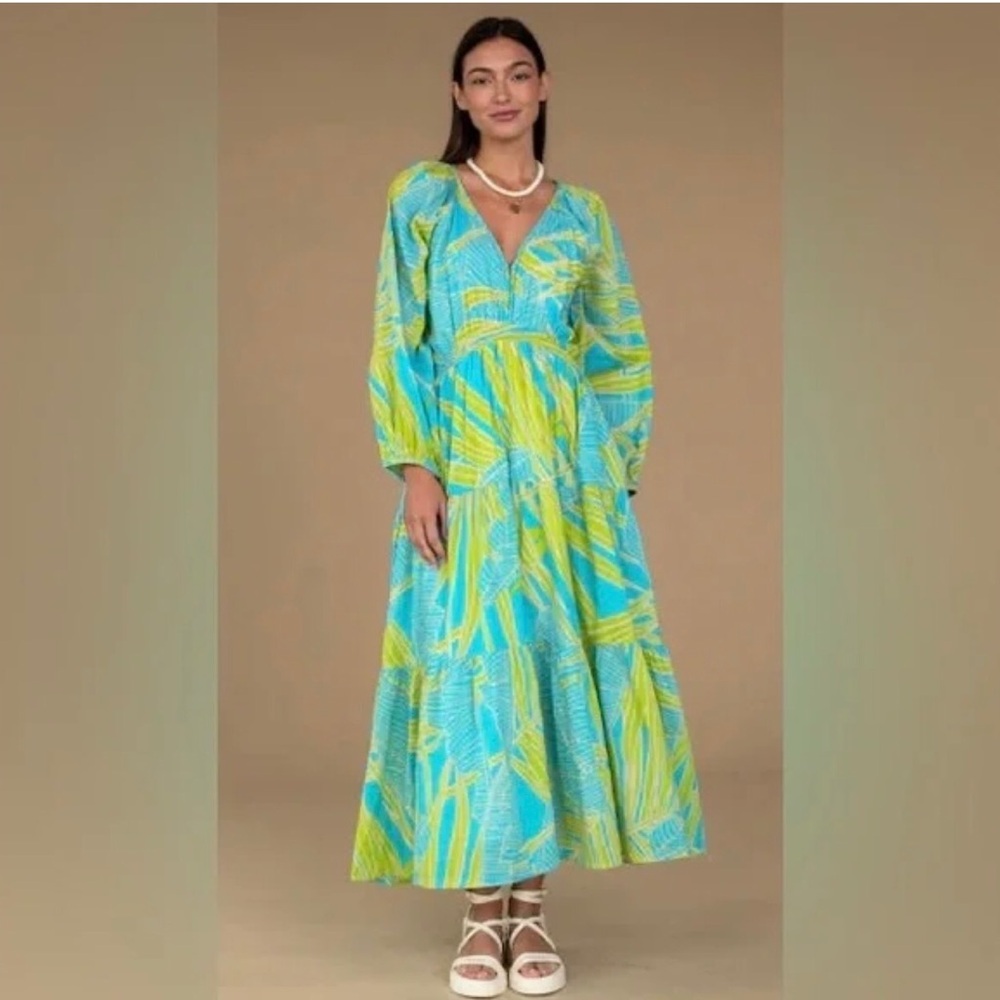 Olivia James 100% Cotton Tropical Palm Print Tiered Maxi Dress Boho Retail $308